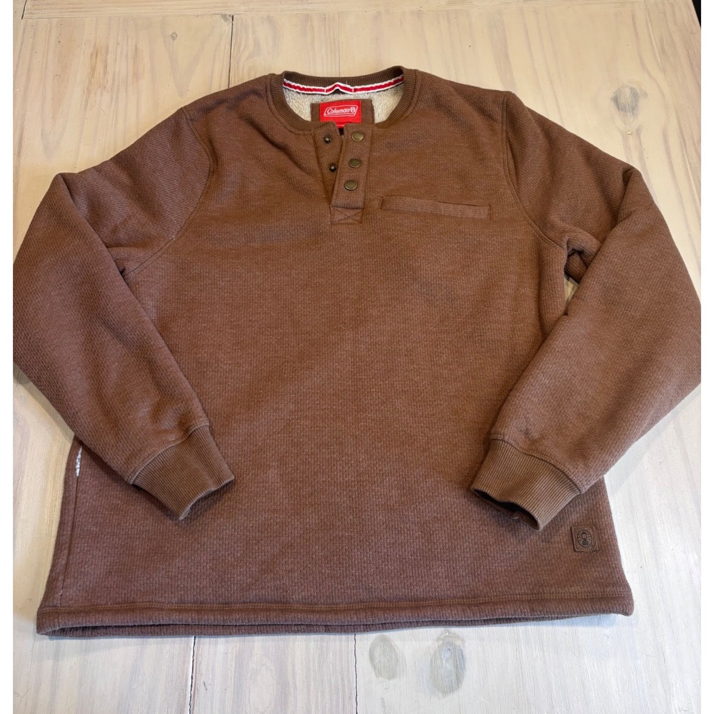 Coleman Mens Brown Sherpa Lined Waffle Knit Henley Pullover Sweater Size M